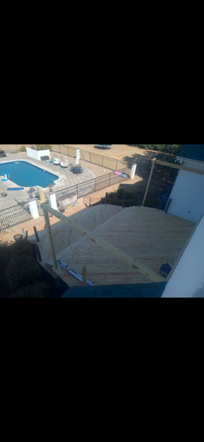 Aerial view of completed deck and patio